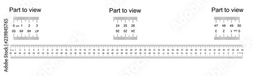 Ruler 50 cm with countdown, doble sided scale, part to view. Vice versa backwards, mounting, engineering, designer, tailor ruler Measuring tool. Ruler grid 50 cm. Size indicator Centimeter size Vector