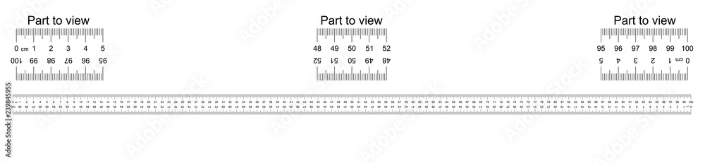Ruler 100 cm with countdown, doble sided scale, part to view. Vice ...