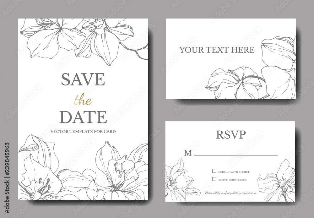Vector Orchid. Engraved ink art. Wedding background floral border. Thank you, rsvp, invitation card illustration.