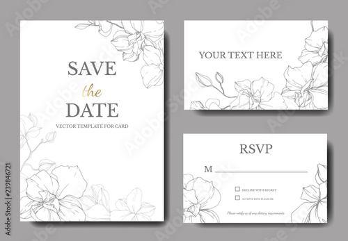 Vector Orchid. Engraved ink art. Wedding background floral border. Thank you, rsvp, invitation card illustration. photo