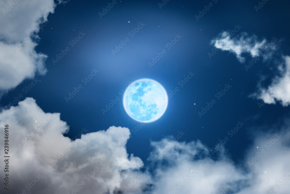 Mystical Night sky background with full moon, clouds and stars. Moonlight night with copy space for winter background
