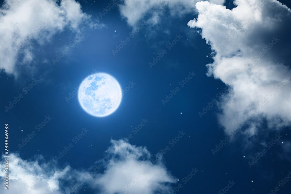 Mystical Night sky background with full moon, clouds and stars. Moonlight night with copy space for winter background