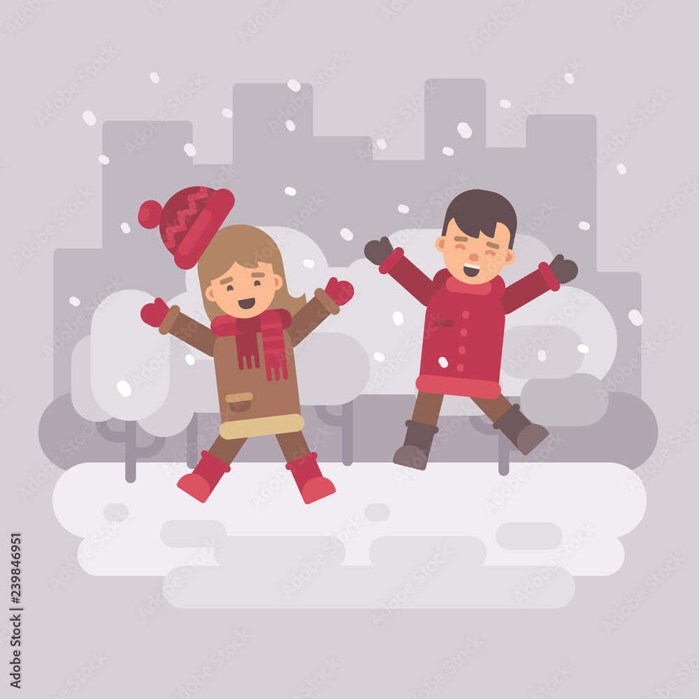 Naklejka premium Two happy kids jumping in a snowy winter city
