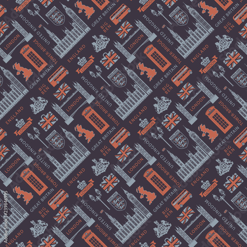 Vector seamless Background on UK and London theme with British symbols, architectural landmarks and flag of the United Kingdom in retro style. Can be used as wallpaper or wrapping paper