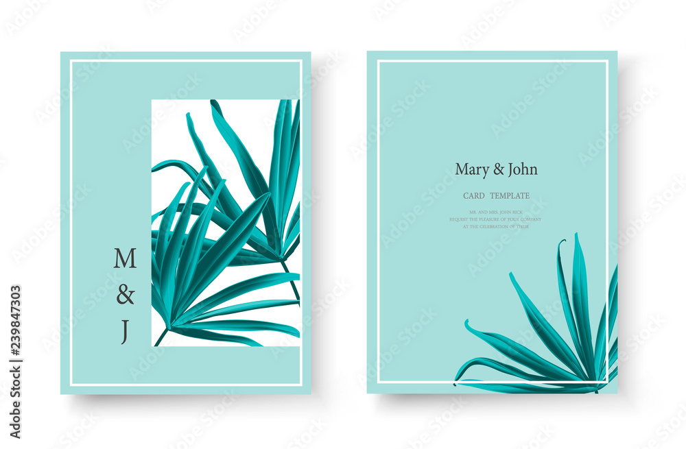 Wedding tropical invitation card save the date design with green fan palm leaf