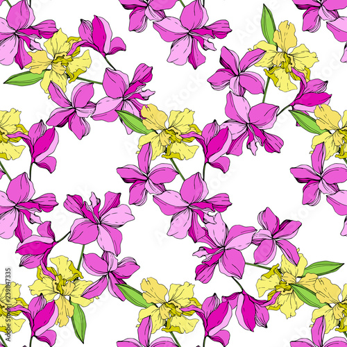 Vector. Orchid flower. Yellow and pink engraved ink art. Seamless background pattern. Fabric wallpaper print texture.