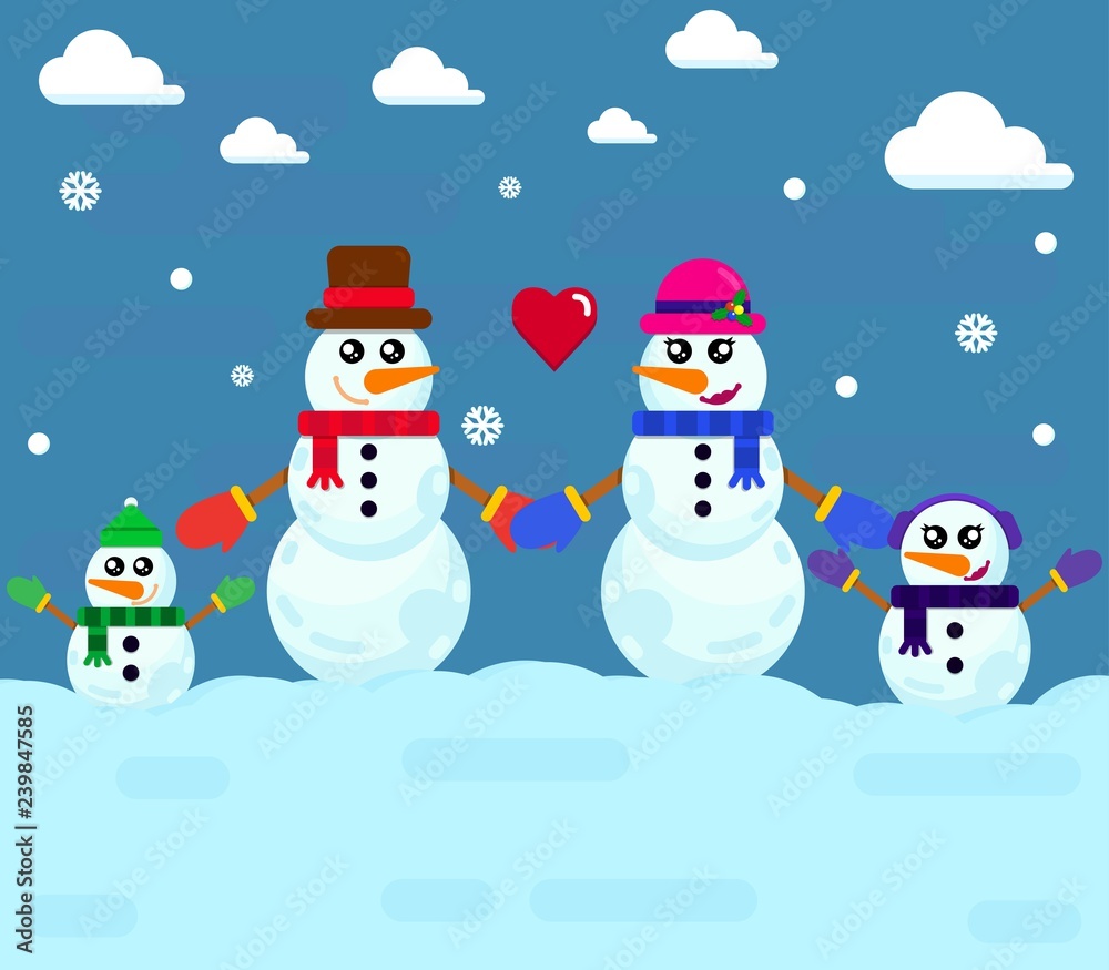Illustration of Cute Family of Happy Snowman in a winter landscape having fun. mother, dad and child. Cute Christmas greeting card. Snowman and Snow woman love. 