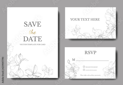 Vector. Orchid engraved ink art. Wedding background card. Thank you, rsvp, invitation elegant card illustration graphic.