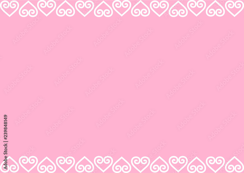 Decorative ornament border of hearts in white on pink background for decoration, poster, banner, postcard, greeting card, gift tag, text, lettering, advertising, valentines day, valentine, invitation