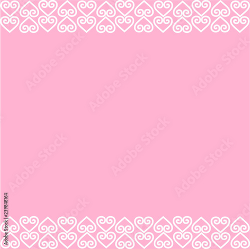Decorative ornament border of hearts in white on pink background for decoration, poster, banner, postcard, greeting card, gift tag, text, lettering, advertising, valentines day, valentine, invitation © Rezida