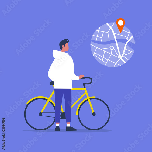 Young male character standing with a bike. Urban transport. Healthy lifestyle. Using a navigational app. Map and geo tag. Millennials and devices.