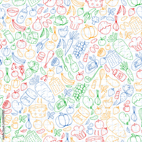 Kitchen and cooking seamless pattern. Icons of food and drink.