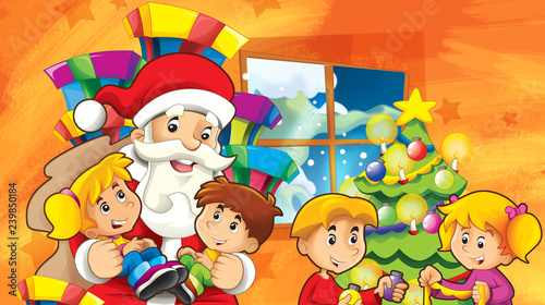 cartoon scene with santa claus and kids waiting for presents and decorating christmas tree - illustration for children