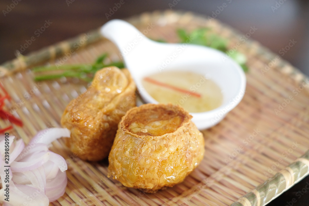 closeup deep fried crab ball with sweet sauce closeup deep fried crab ball with sweet sauce