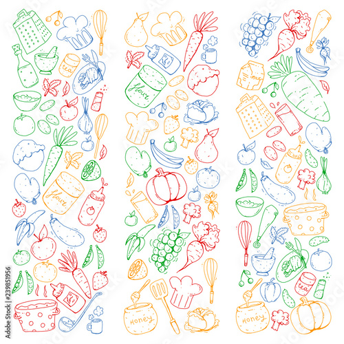 Kitchen and cooking seamless pattern. Icons of food and drinks. Colorful images