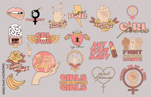 Set of elements Girl Power and Feminist idea with motivating quotes and inspirational elements in the style of a sketch tattoo. Editable vector illustration