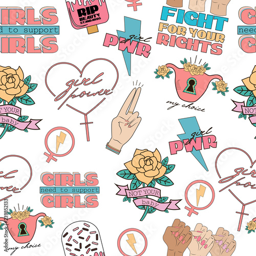 Seamless pattern Girl Power and Feminist idea in the style of a sketch tattoo. Editable vector illustration