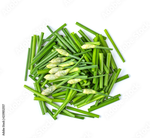 Chives flower slice isolated on white background. top view