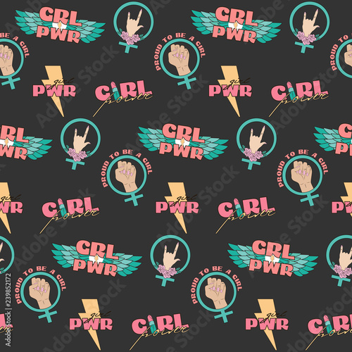 Seamless pattern Girl Power and Feminist idea in the style of a sketch tattoo. Editable vector illustration