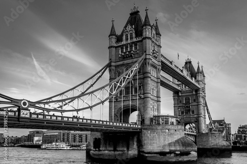 A black and White view of the tower bridge on a beautiful clear morning, London