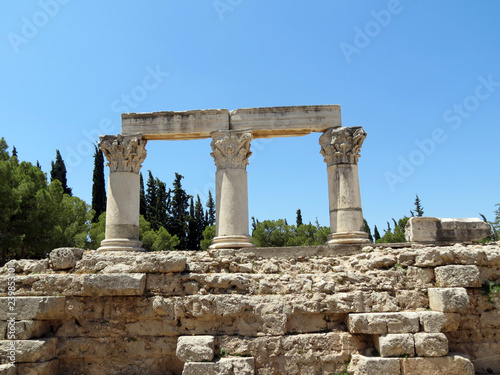 Europe, Greece, Corinth,remains of Corinthian columns standing on ancient ruins
