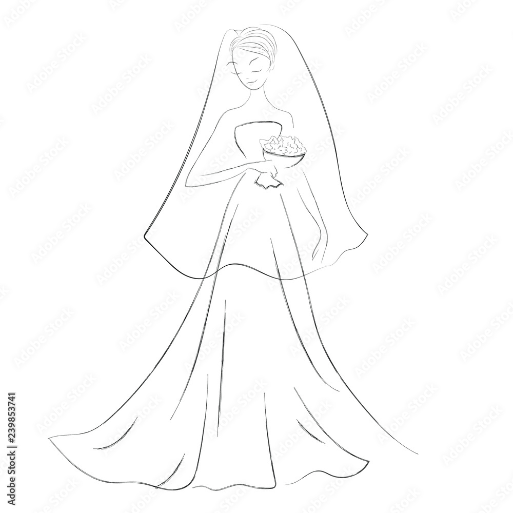 Vector sketch illustration of cartoon bride with bridal veil and bouquet in her hands. Vector sketch illustration of cartoon bride with bridal veil and bouquet in her hands.