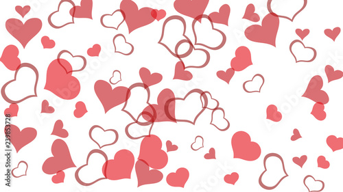 Happy background. Design element for wallpaper, textiles, packaging, printing, holiday invitation for Valentine's Day. Red on White fond Vector. Red hearts of confetti are falling.