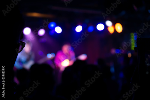 Silhouette of a concert crowd; The audience looks towards the stage; Party people at a rock concert