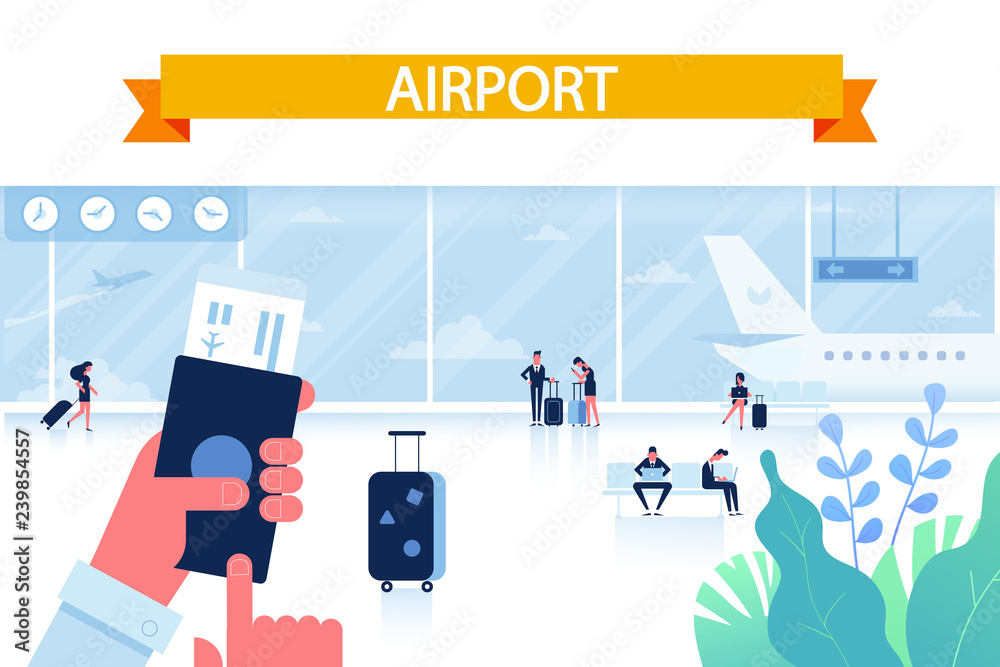 Airport horizontal background.  People sitting and walking in airport terminal. Flat vector illustration.