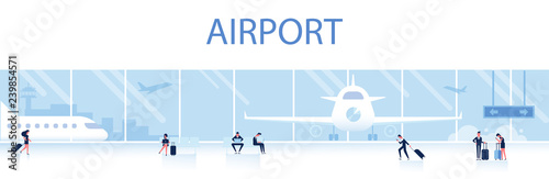 Airport horizontal background.  People sitting and walking in airport terminal. Flat vector illustration.