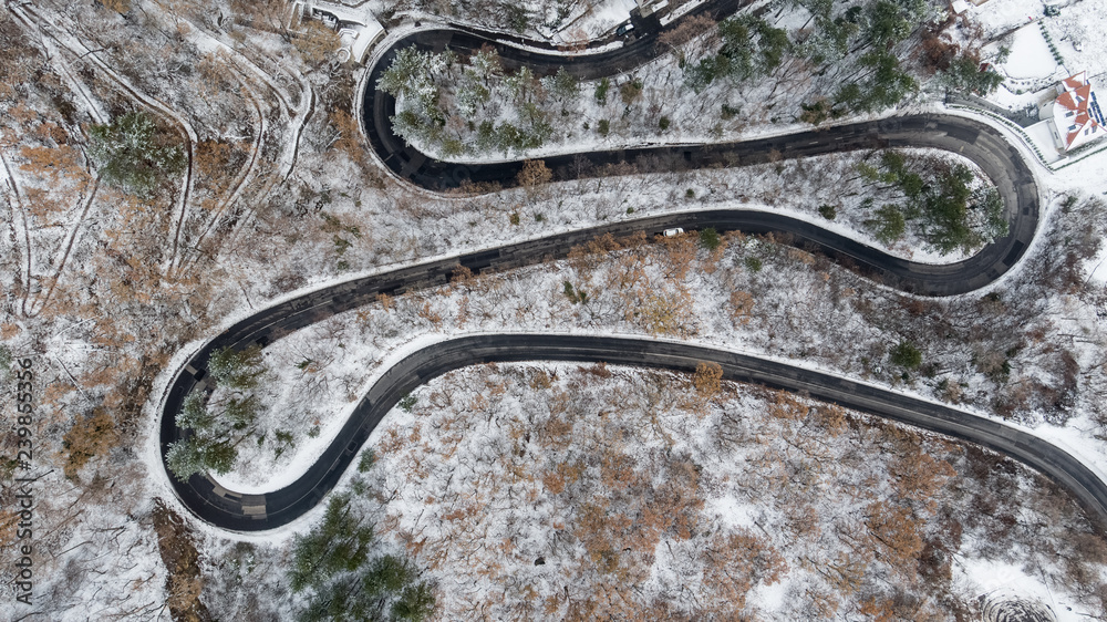 Aerial view of curvy road in Mecsek forest