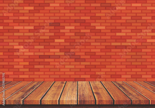 Empty wood table top on brown brick wall background, Template mock up for display of product
