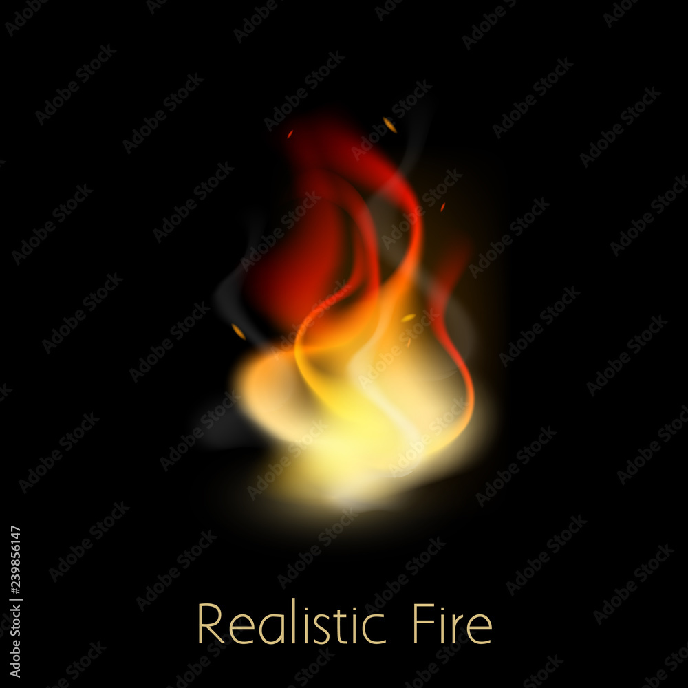 Vector Illustration. Realistic fire. Isolated flame on black background. Flame burn icon