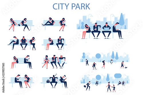 Modern City life. Flat illustration of people using phones walking outdoors. Flat concept illustration of people addiction to networks and spending time in internet. 