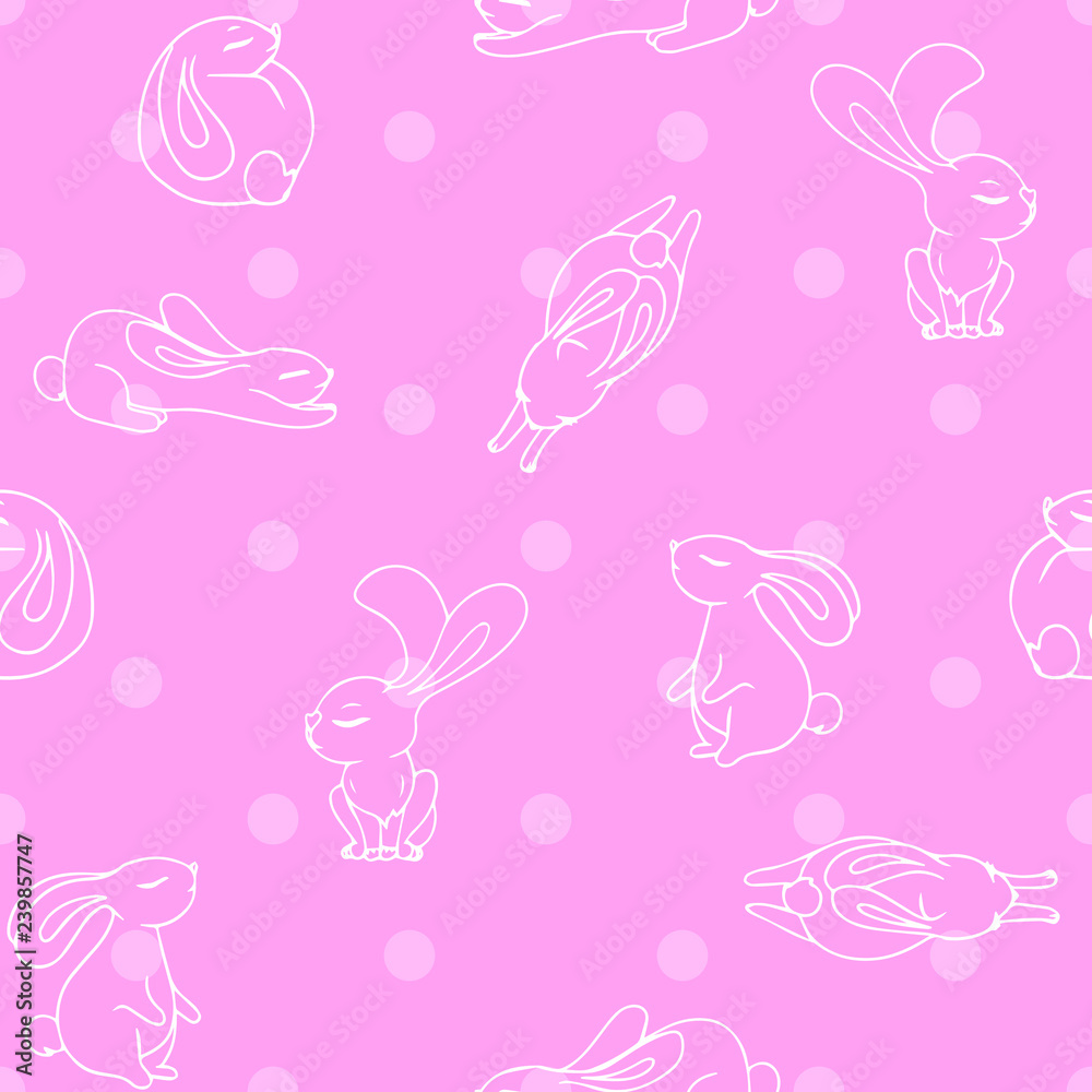 Seamless vector pattern with cute hand drawn cartoon doodle bunnies. Sleeping rabbits.