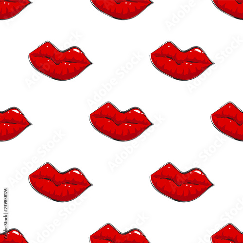 Seamless pattern with red woman lips. Hand drawn doodle style.