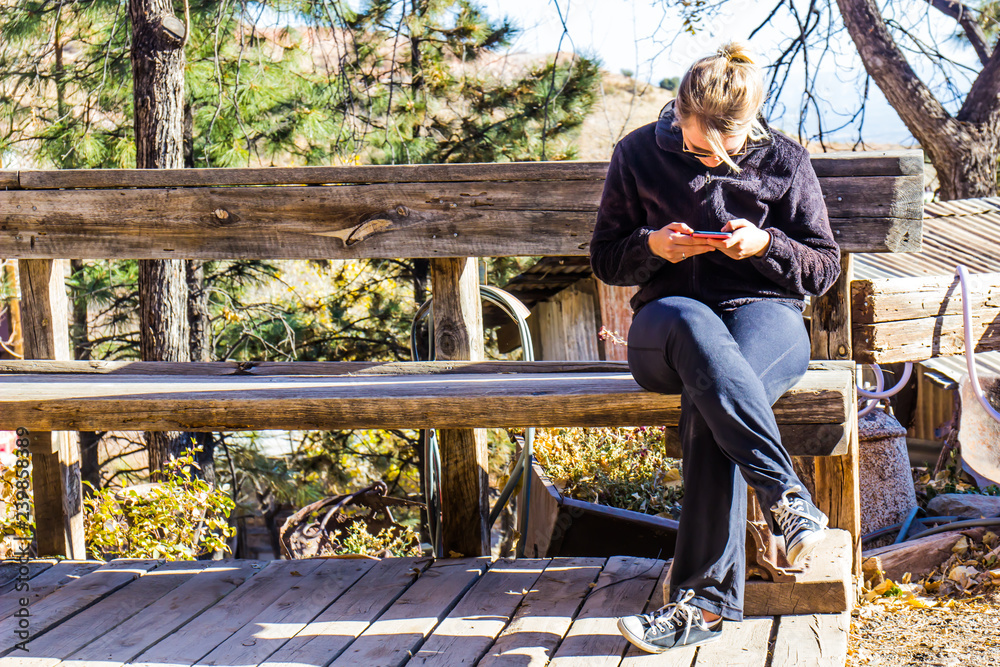 Woman Texting On Cellphone On Rustic Wooden Bench Woman Texting On Cellphone On Rustic Wooden Bench