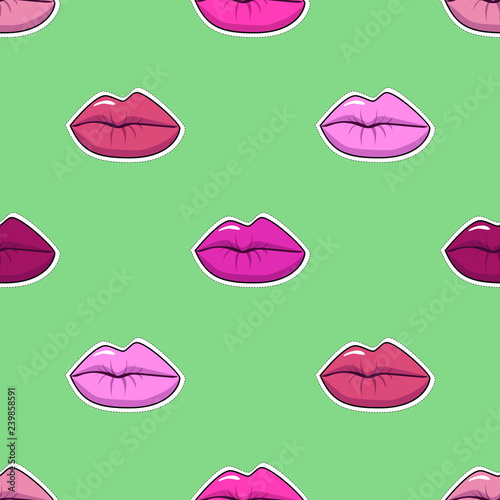 Seamless vector pattern with colorful patch badges as lips. Pop art style.