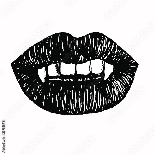 Vector hand drawn sketch illustration of vampire lips with fangs. Linocut engraving retro grunge style 