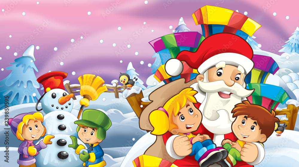 Naklejka premium cartoon snow scene with santa claus snowman and kids - illustration for children