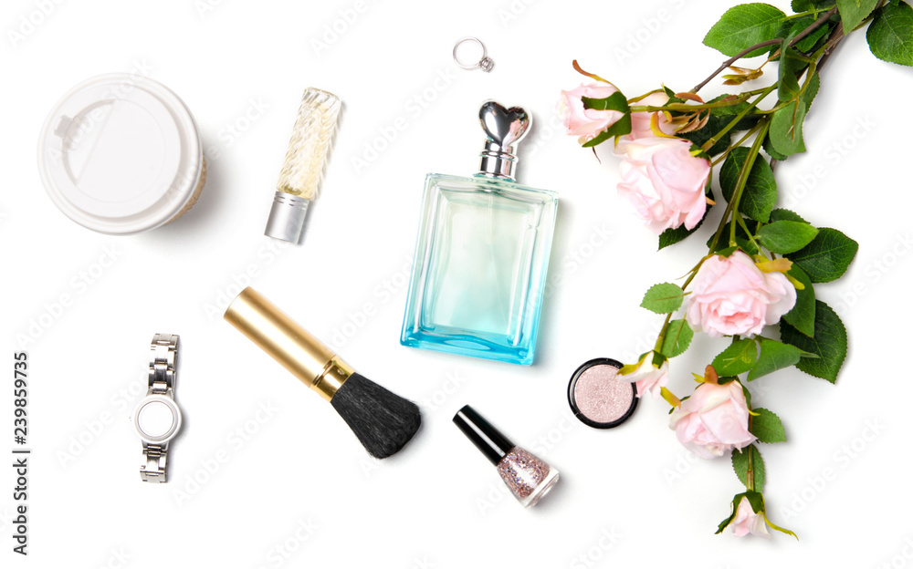 Flat lay beauty perfume cosmetic brush watch notebook gold cardboard cup coffee on white background isolation top view Flat lay beauty perfume cosmetic brush watch notebook gold cardboard cup coffee on white background isolation top view