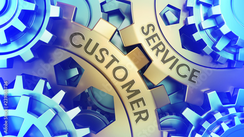 Сoncept Customer Service on the Gears. Gold and blue gear weel background illustration 3d illustration.