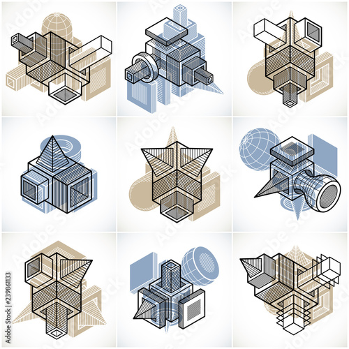Engineering abstract geometric shapes, simple vectors set.
