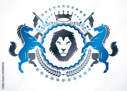 Vintage emblem made in vector heraldic design and created using graceful horses and wild lion illustration, royal crown and laurel wreath
