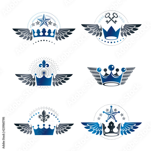 Majestic Crowns and Ancient Stars emblems set. Heraldic Coat of Arms decorative logos isolated vector illustrations collection.