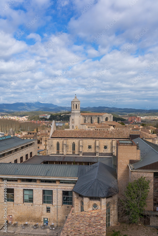 Girona city view with rooftops and Cathedral. Girona, Spain