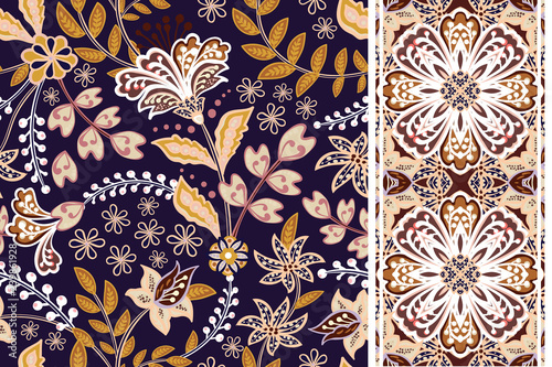 Set of floral seamless background and border with fantasy flowers  blossom and leave. Vector ornamental pattern set.