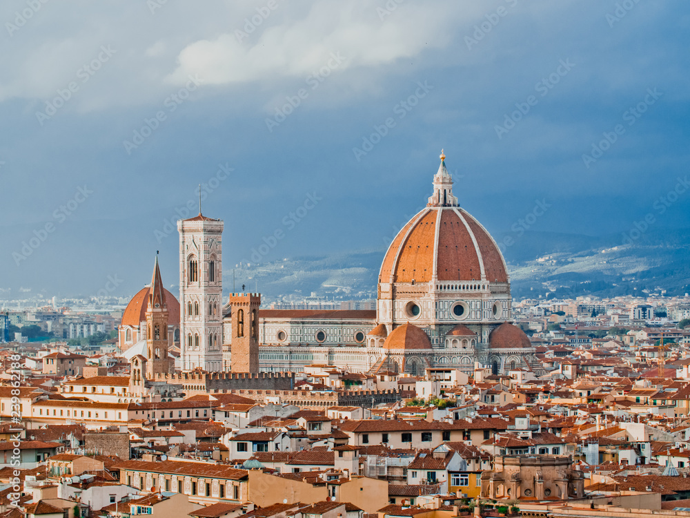 Cathedral of Santa Maria del Fiore in Florence . The view from the viewpoint. The old town and the brown-tiled roofs