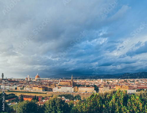 Florence view of the city.Cathedral of Santa Maria del Fiore in Florence . The view from the viewpoint. Old town and brown tiles on the roofs.