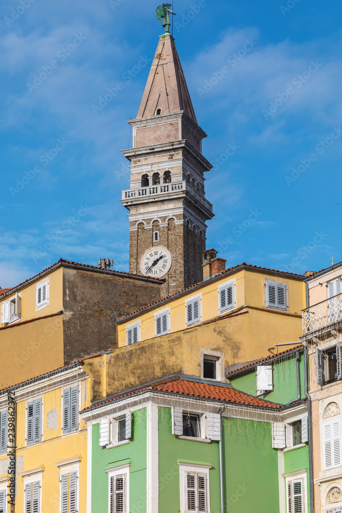 clock tower in old medieval town Piran
